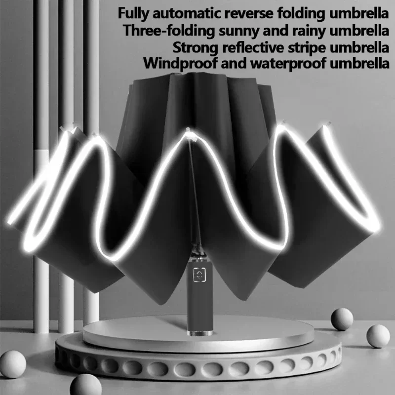Men Women Umbrella Fully Automatic Reverse Folding Umbrella with Windproof Reflective Stripe UV Umbrellas