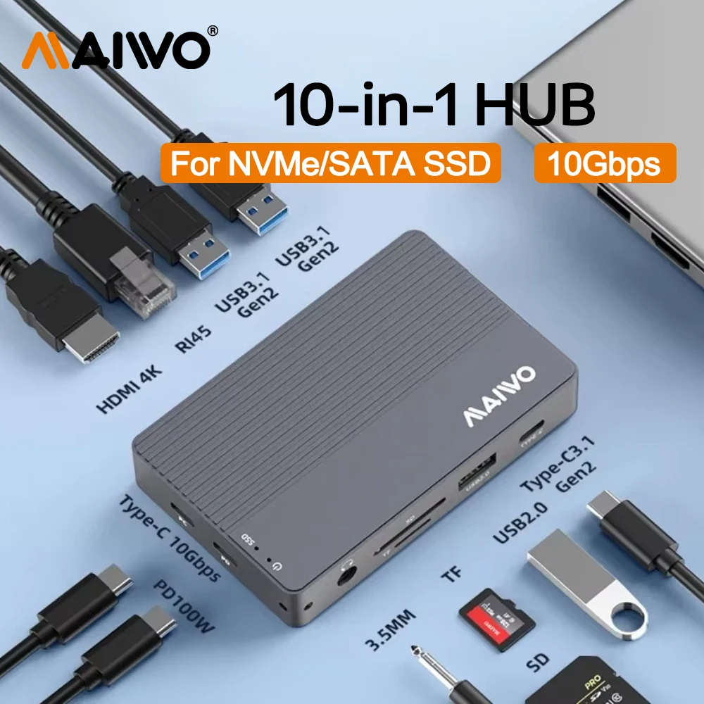 MAIWO 10-in-1 Docking Station M.2 NVMe SATA SSD Enclosure 10Gbps Type-c HUB with SD/TF Card Port Compatible HDMI 4K PD 100W RJ45