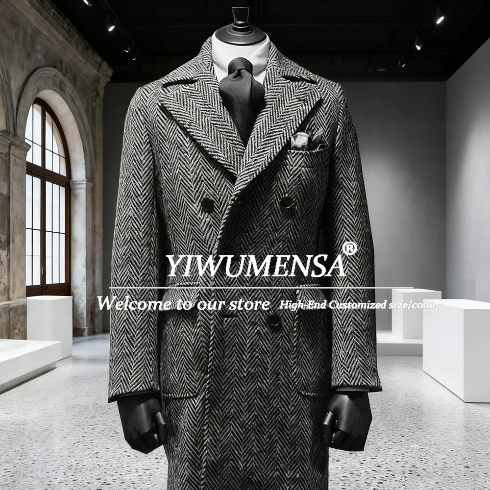 

Customized Grey Herringbone Suit Jacket Men Double Breasted Overcoat Tweed Wool Trench Coat Long Abrigos Hombre Invierno 2025