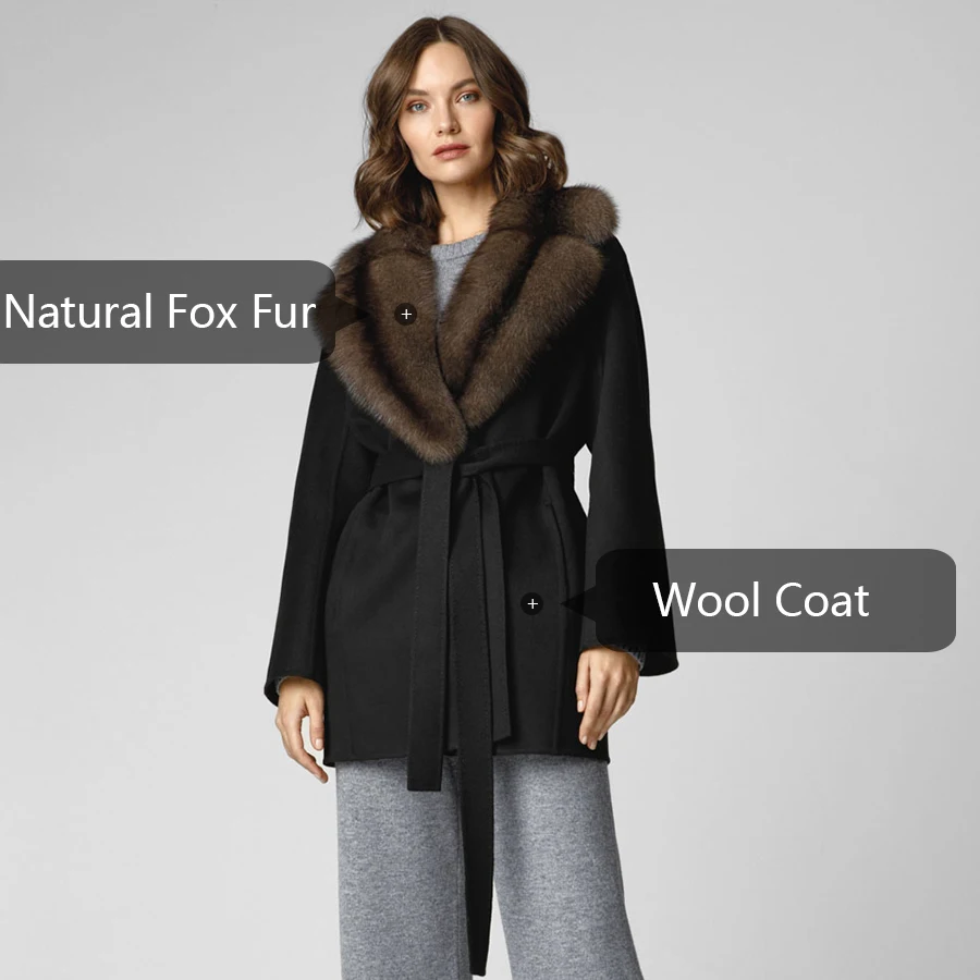 Woolen Coat With Real Fox Fur Collar Women Clothes 2024 Luxury New Winter BLack Wool Coat Natural Fur Jacket