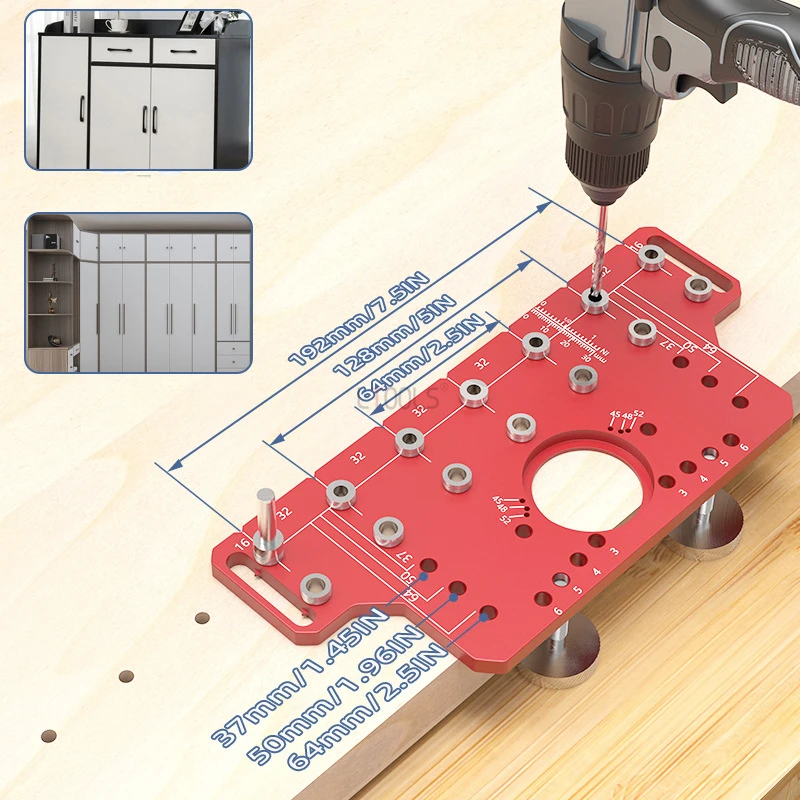 Shelf Pin Jig and Hinge Jig Two-in-One Self-contained Clamping Aluminum Alloy Shelf Pin Drilling Jig for Furniture Cabinet Shelf