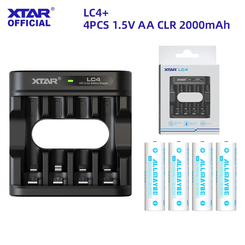 شاحن بطارية XTAR LC4 + 4 قطعة 1.5 فولت AA CLR 2000 مللي أمبير بطارية ليثيوم أيون قابلة للشحن مخرج جهد ثابت وتفريغ خطي