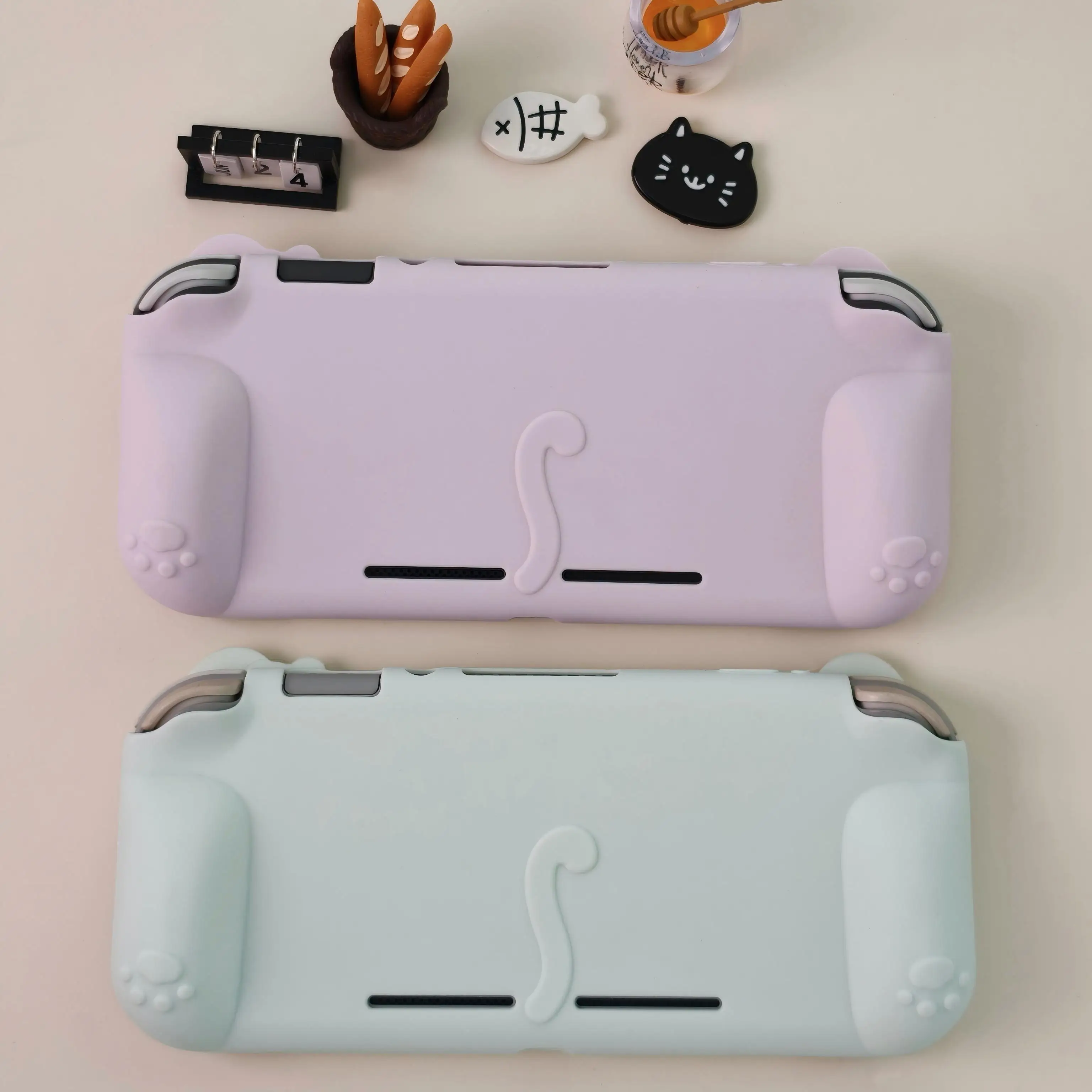 Silicone Cat NS Lite Case with Grips Full-Coverage Soft Cover for Nintendo Switch Lite 2pcs Set of Cat Paw Joy-Con Joystick Cap