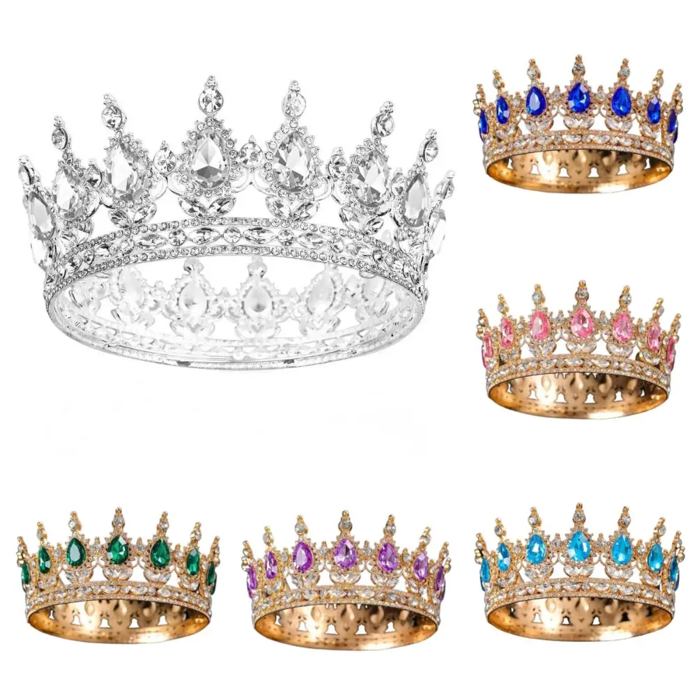 Corone da spettacolo barocche con strass in metallo, cristallo di lusso, rotonde, regina, principessa, tiara, copricapo, corona nuziale scintillante per le donne