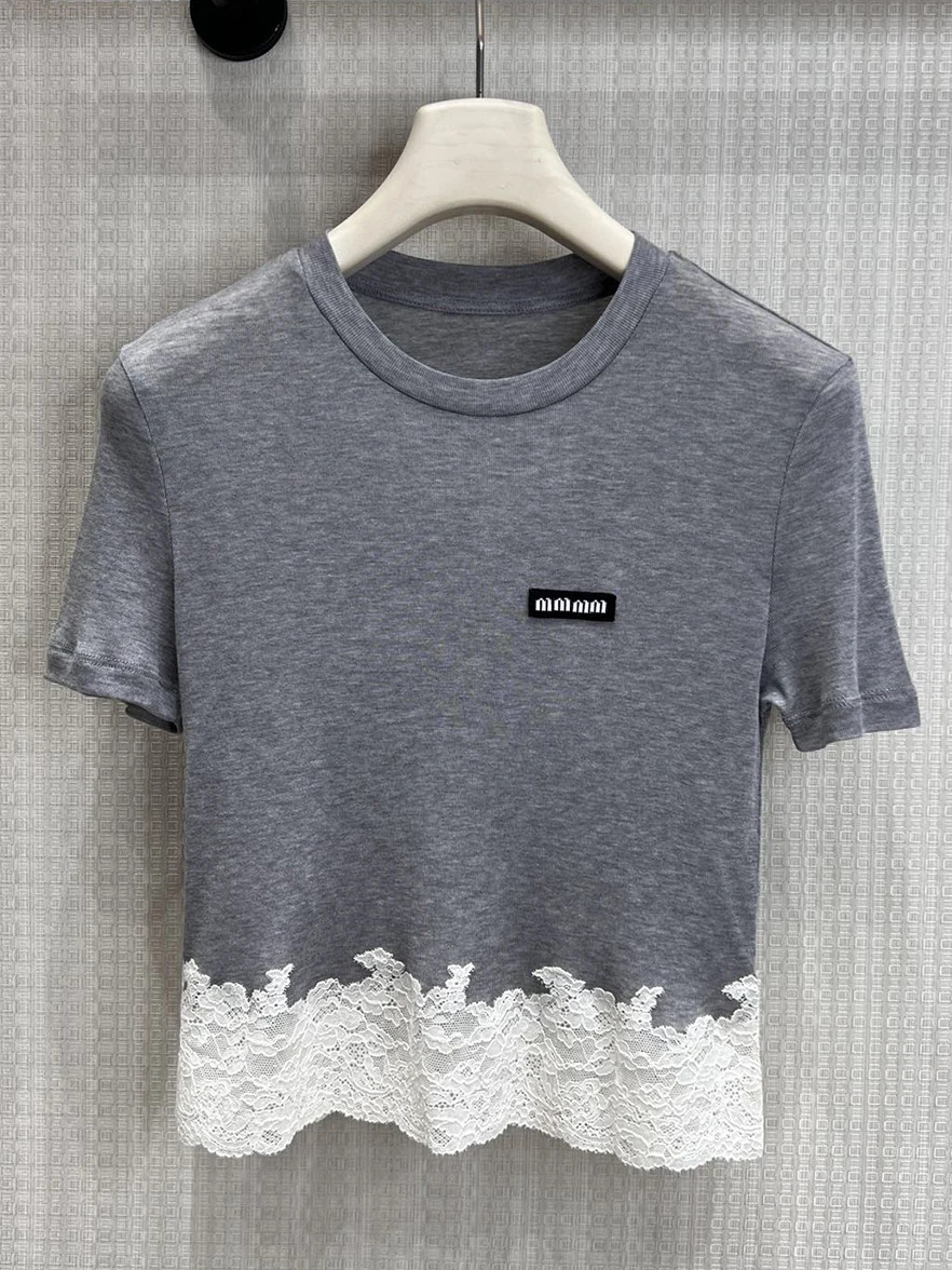 

SDLR Lace Splice Short Sleeve T-Shirt Top round Neck Half Body Short Skirt Set Cute Style Breathable Lightweight Spring Summer
