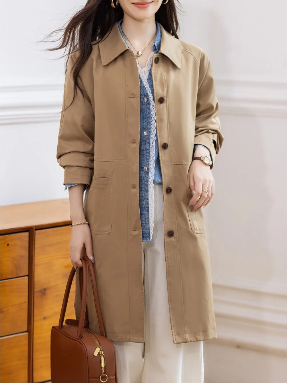 

Художественный пригородный цвет, длина миди, длина Jaet, большой размер, женский отложной воротник на одной пуговице, длинный све, утягивающий Versa...