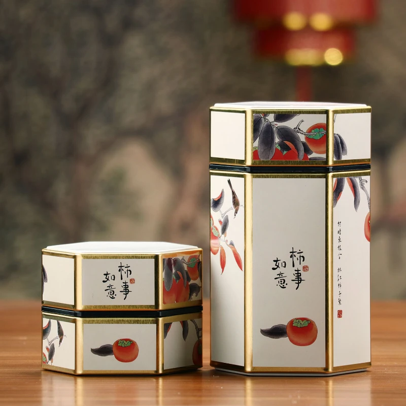 Creative Hexagonal Tea Pot Tin Can Chinese Tinplate Tea Storage Tank Small Sealed Portable Tea Box Empty Can Tea Set Accessories