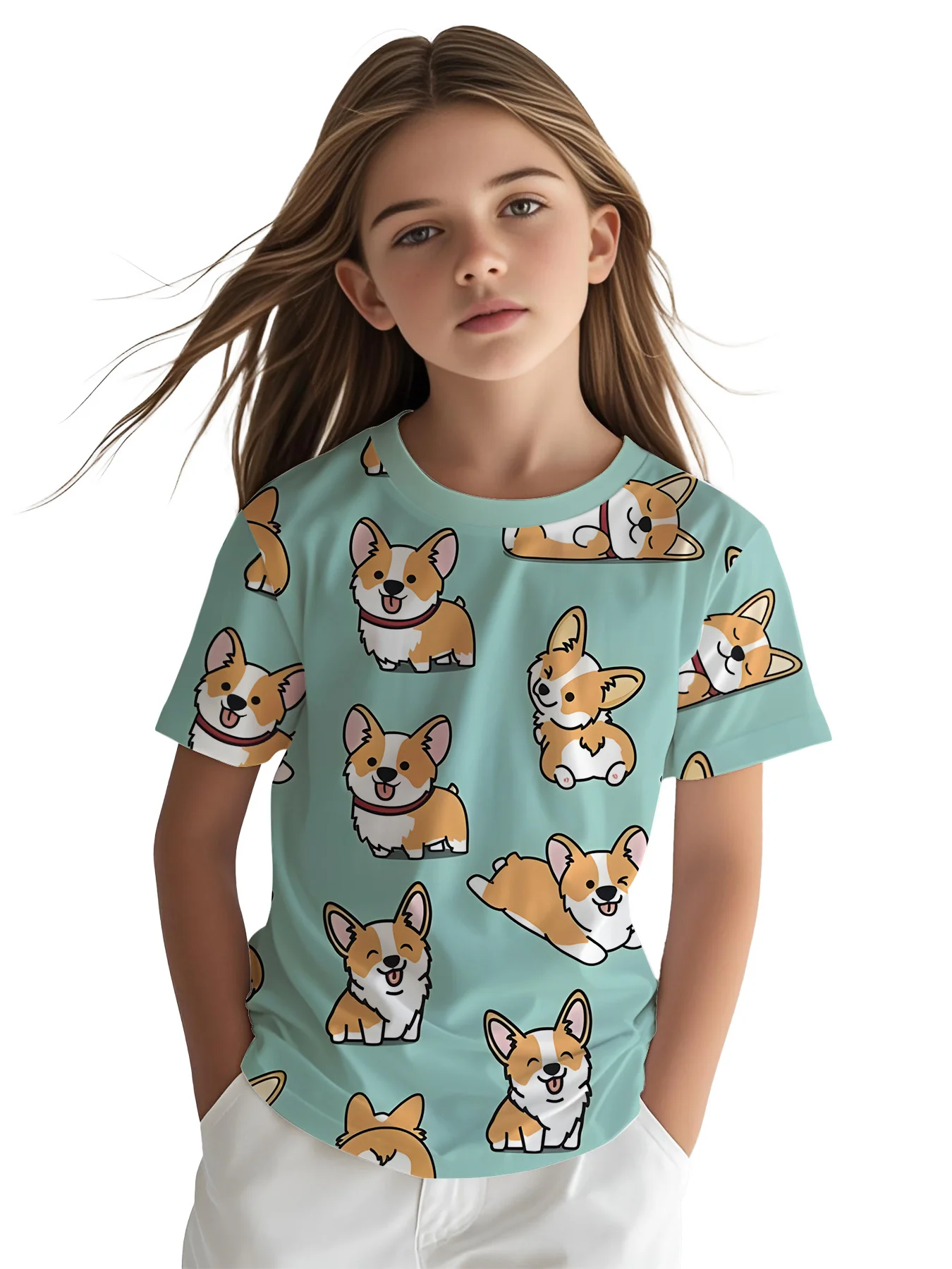 Girls Corgi Themed T-Shirt, Mint Green Background with Playful Cartoon Corgi Puppies Casual Kids Graphic Top