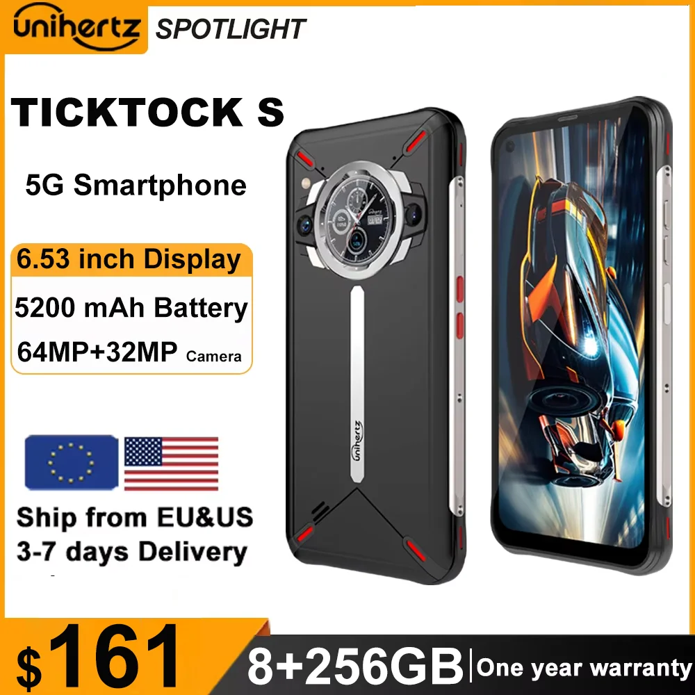 Unihertz Ticktock-S Slim Rugged 5G Smartphone 8GB 256GB Cell Phone 5200mAh Dual Screen Mobile Phone 64MP Camera Dimensity 700