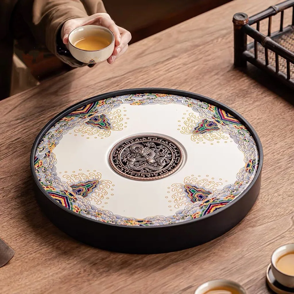 

Dual Use Round Ceramic Tea Tray with Drainage and Storage for Dry Wet Brewing Minimalist Gongfu Tea Board for Home Office