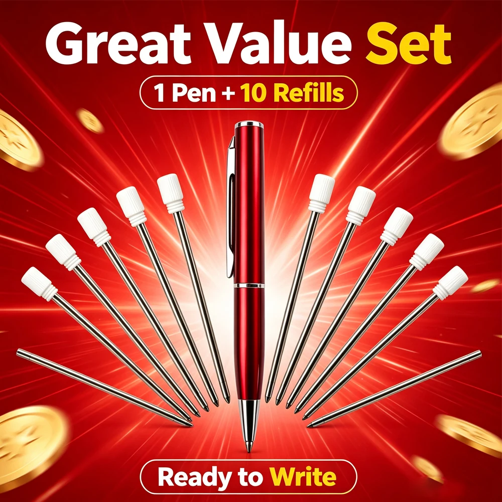 Red Metal Mini Ballpoint Pen Set 1 Pen with 10 Extra Refills Smooth Quick Dry Ink Pocket Portable Office School Writing Ballpen