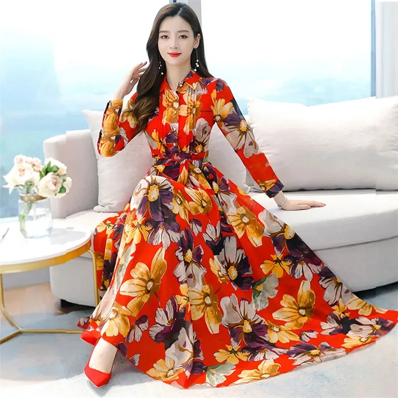 2025 Spring Long Sleeve Beach Maxi Dress Korean Fashion Chiffon Elegant Blue Tunics Casual Floral Evening Dresses For Women