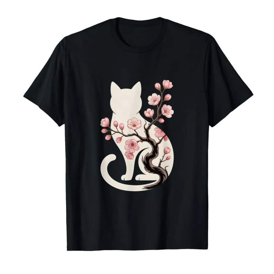 

White Cat with Japanese Cherry Blossom Sakura Motif T-shirt For Men Women 100% Cotton T Shirts Short Sleeve Tops 0501-3