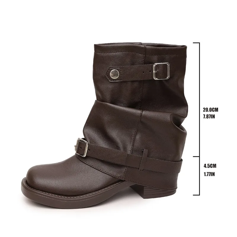Botas de otoño para mujer, estilo cowboy, de caña media, con doble hebilla metálica, de cuero, con tacón de bloque, botas cortas de motociclista.