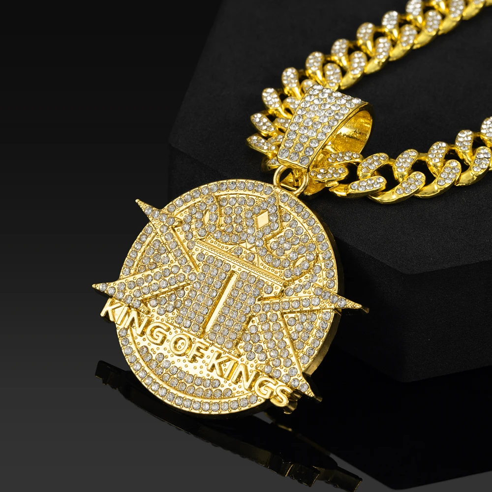 Men's Hip Hop Street Style Rhinestone Round Shaped & Double K Designed Pendant Necklaces Unisex Daily Wear Cuban Jewelry Gifts