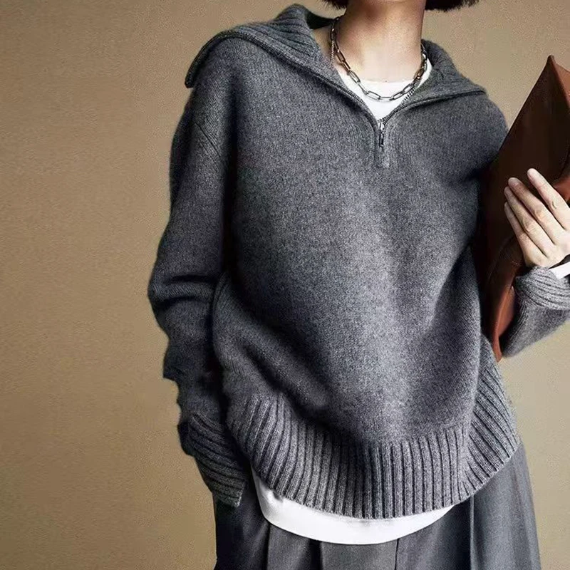 Elegant Wool Blend Pullover Sweater Women Vintage Solid Casual Zipper Turtleneck Long Sleeve Knitwear Autumn Warm New Female Top