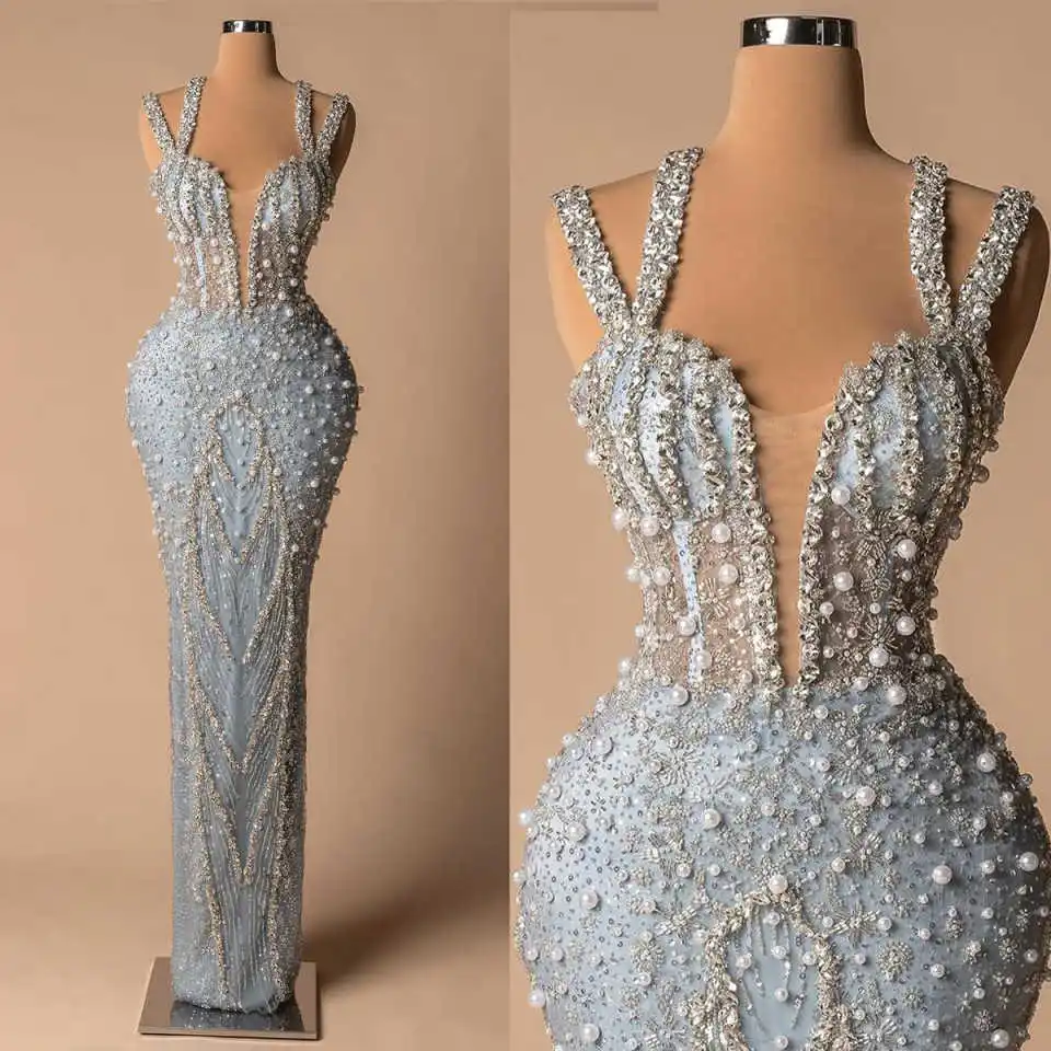 

Luxurious Customized Crystal Evening Dresses Sexy Sequined Beaded Sleeveless Prom Dress Pearls Floor Length Party Gown