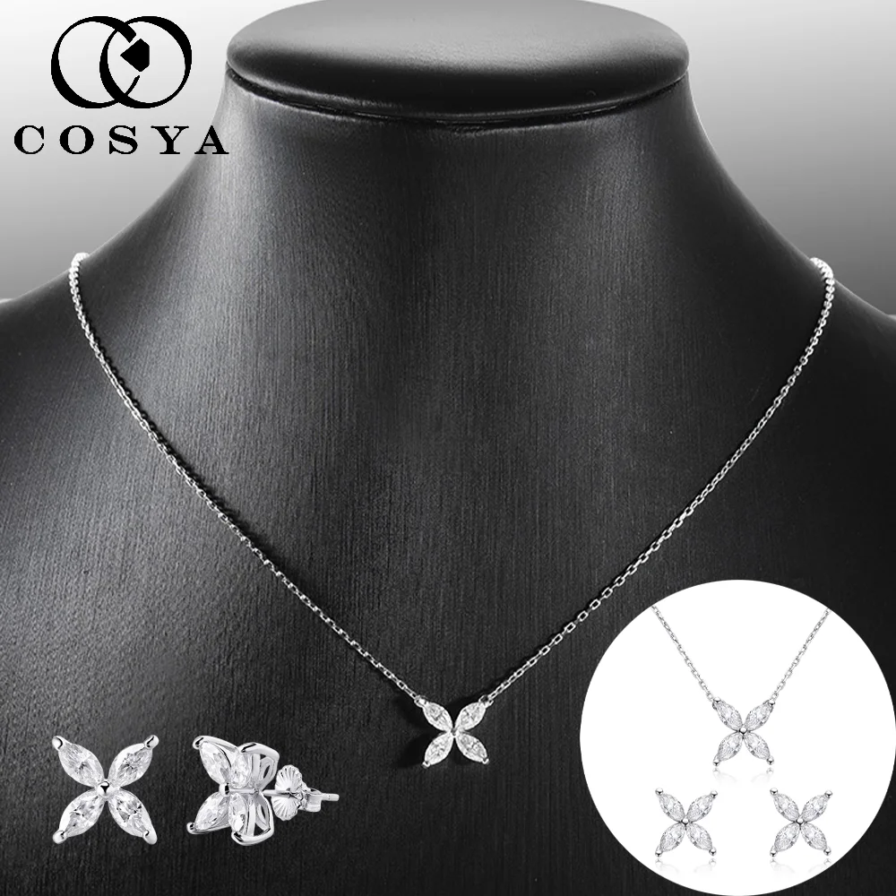 COSYA Ful Moissanite Diamond Necklace Earrings Set For Women 100% S925 Silver Plated Rosegold Butterfly Pendant Jewelry Gift