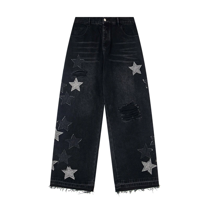 YY18444 جديد شارع العليا شخصية باريس الاتجاه العلامة التجارية الخماسي المطرزة الحرفية فضفاضة مستقيم الساق واسعة الساق الجينز