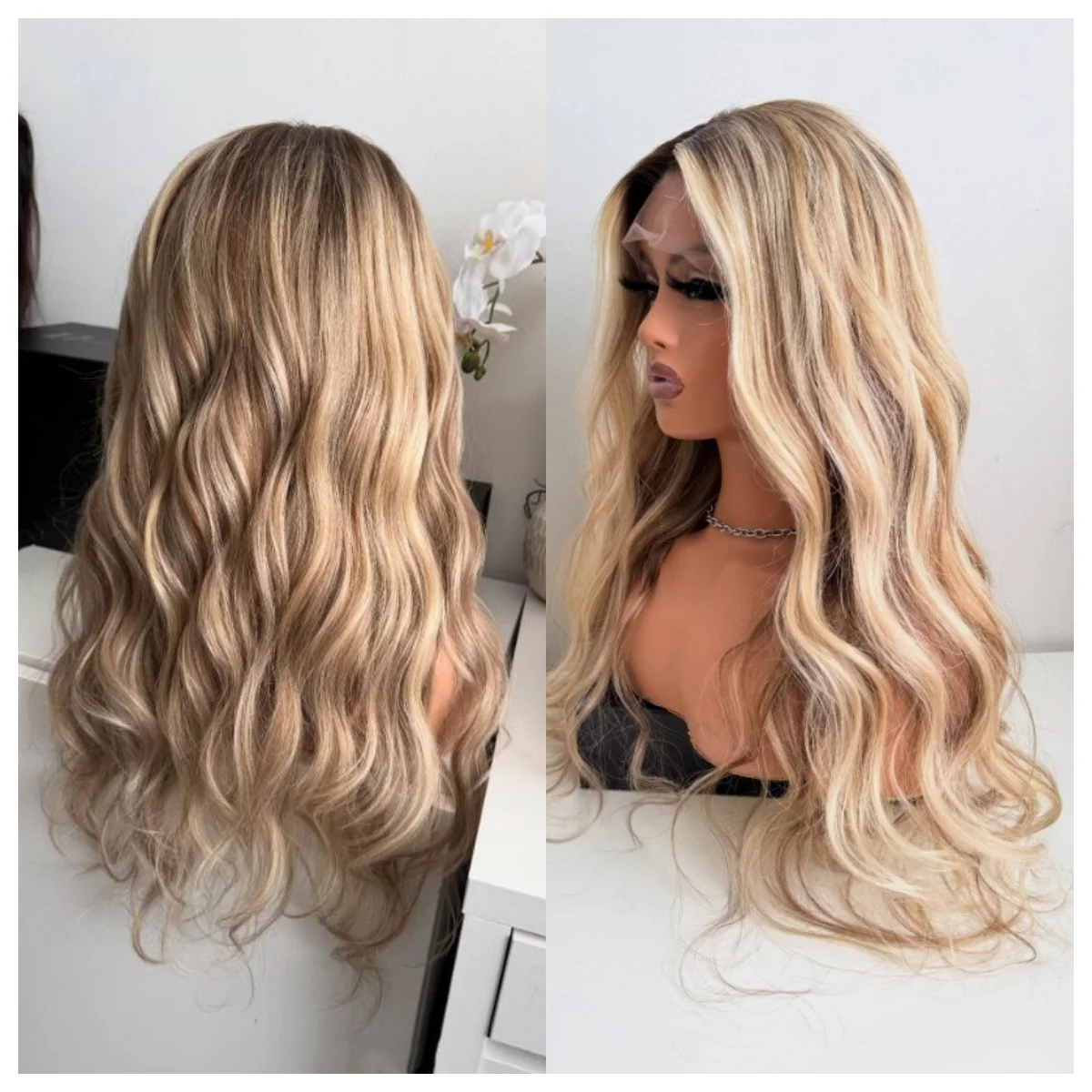 

Synthetic Long Lace Ombre Blonde Wavy Wig for Women 26 Inch Middle Part Curly Natural Looking Heat Resistant Fiber for Daily