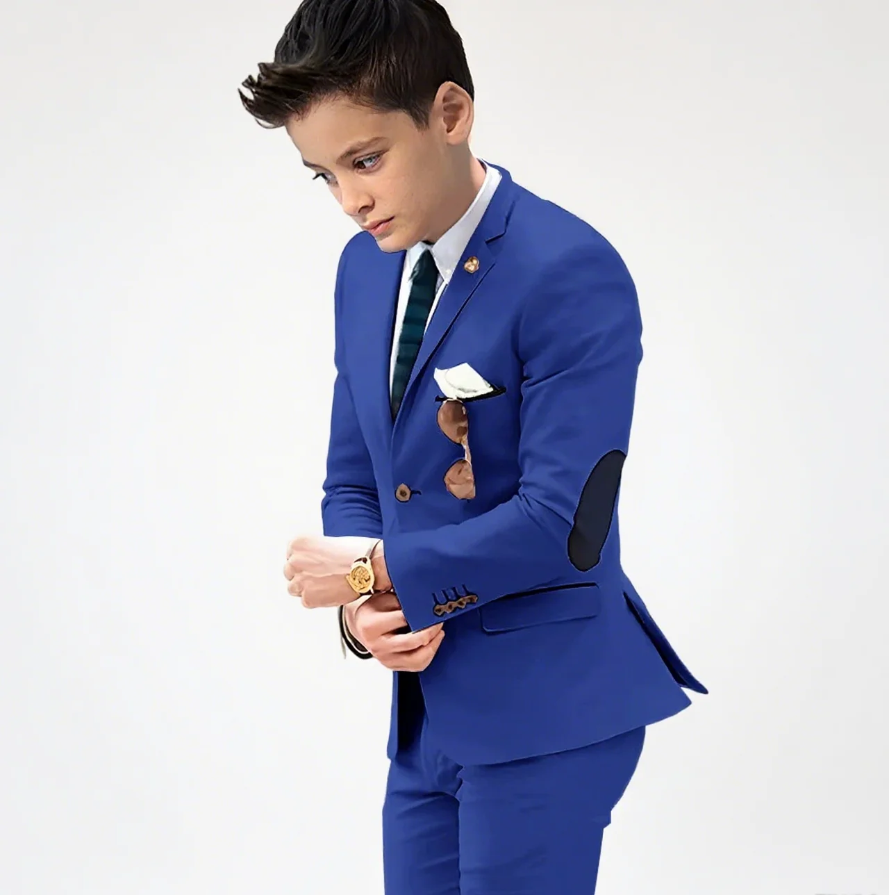 Boys' Slim Fit Formal Suit Set for Kids 3-16 Years Elegant Wedding Birthday Outfit with Contrast Elbow Patches