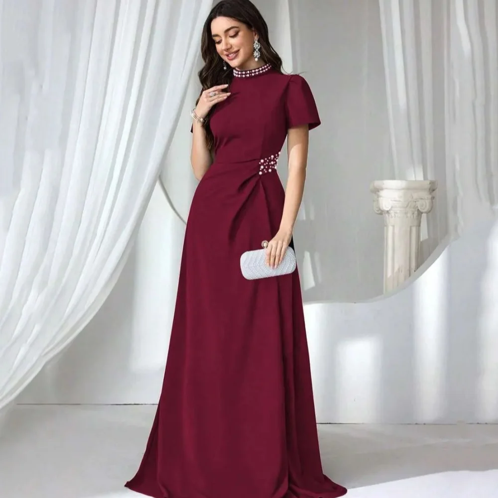 ที่กําหนดเองอย่างเป็นทางการไวน์แดงชุดแม่สายประดับด้วยลูกปัด Elegant แขนสั้นชุดราตรี vestido invitada boda