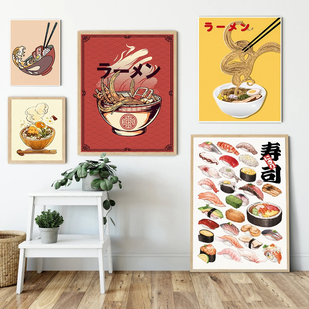 Shushi Ramen Japanese Food Art Print Modern Kitchen Wall Pictures Cartoon Funny Noodle Canvas Painting Restaurant Decor Poster