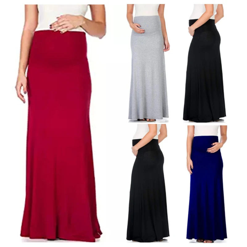 Pregnant Women Skirt Maternity Skirt High Waist Good Stretch Foldable Waist Band Spring Autumn Pregnancy Skirt Plus Size