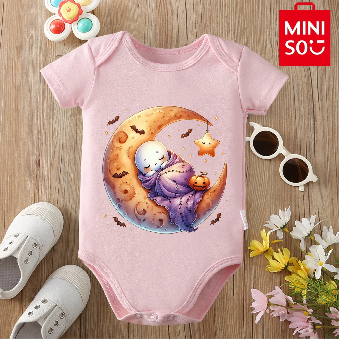 

MINISO ткань My First Halloween Candy Ghost с милым принтом, боди из 100% хлопка для ребенка, комбинезон для новорожденных от 0 до 12 месяцев