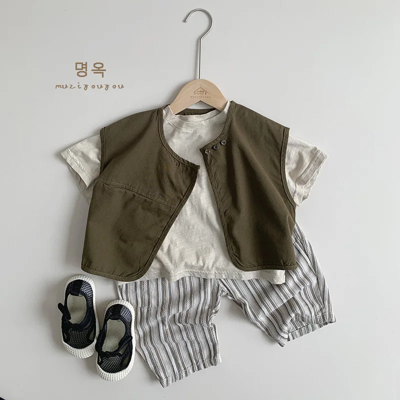 2024 Summer New Children Sleeveless Cardigan Coat Baby Boy Girl Vintage Casual Vest Toddler Solid Versatile Jacket Kids Clothes