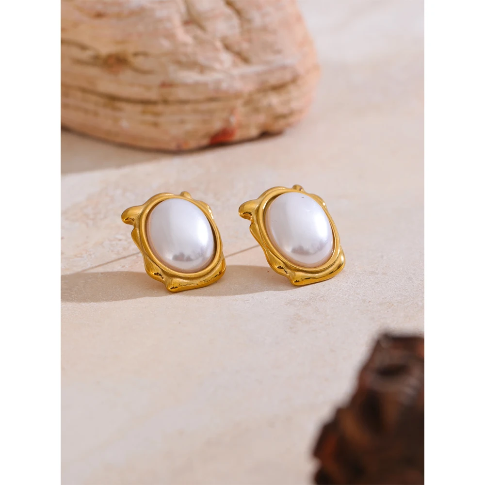 Yhpup Elegant Simulated Pearls Round Daily Stud Earrings for Women 18K Gold Color Plated Stainless Steel Vintage Jewelry New