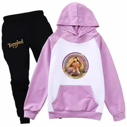 Tangled Rapunzel Princess Girls Casual Thin Hoodies Black Pants Kids Sportswear Suits Children Outerwear Clothing Sets