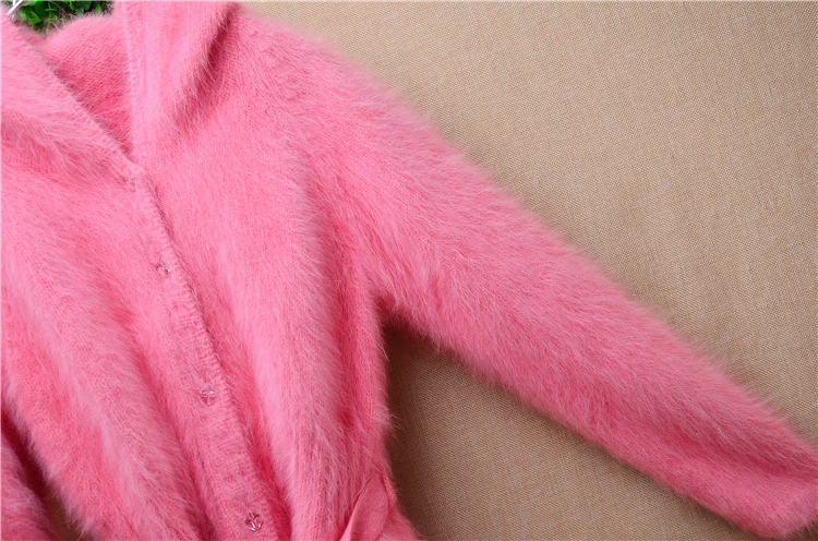 Ladies Women Spring Autumn Clothing Pink Hairy Plush Mink Cashmere Knitted Hooded Long Sleeves Slim Cardigans Jacket Sweater Top