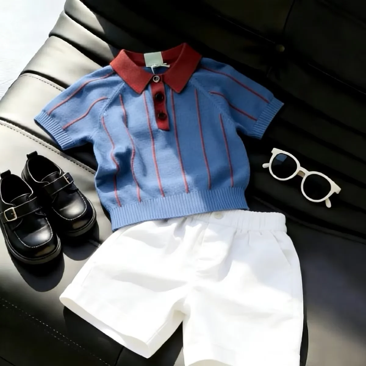 

Boys Summer Outfit Fashion 2026 New Stylish Children's Handsome Hollow Polo Short Sleeve Top + Casual Pants Two-Piece Set