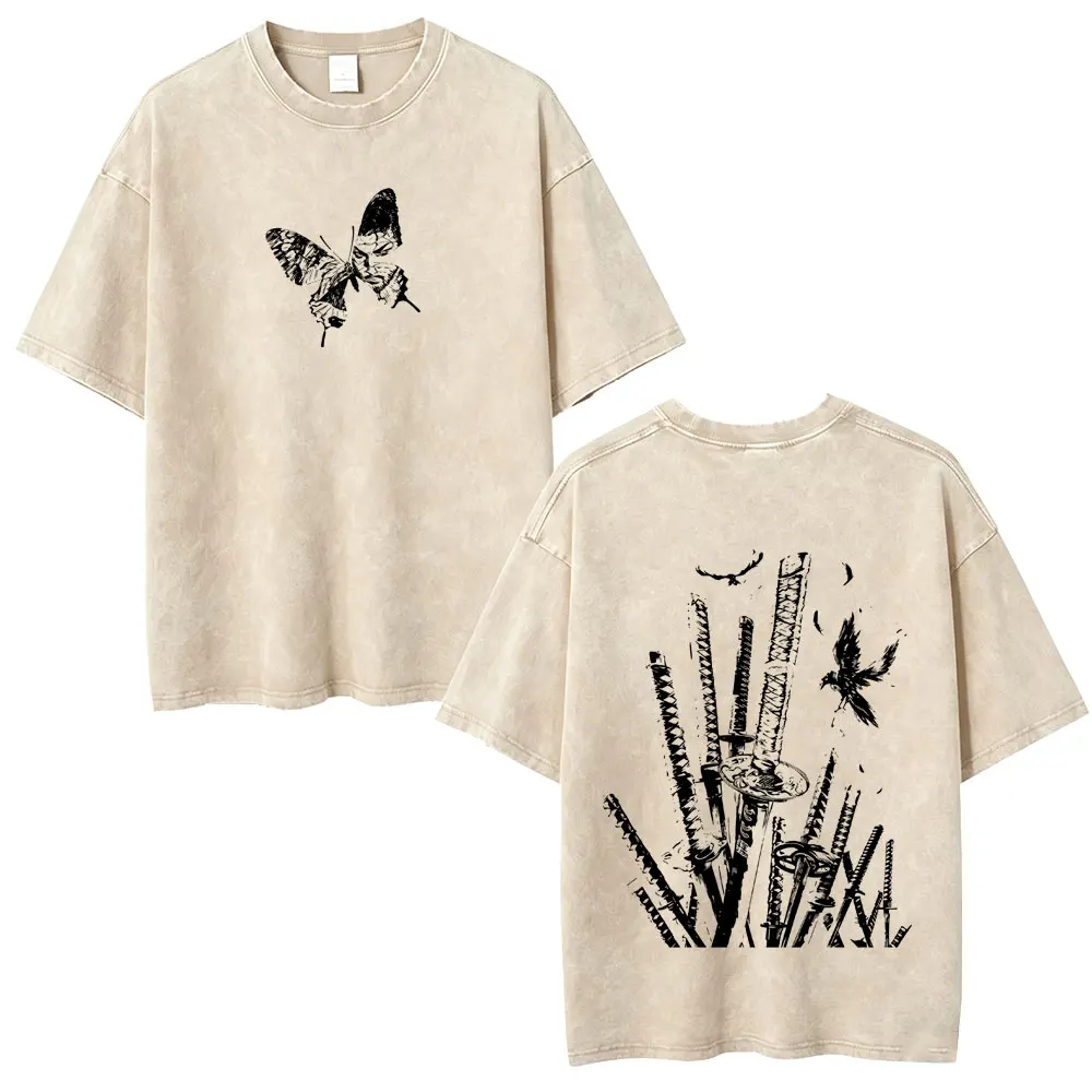 Anime Vagabond Miyamoto Musashi Butterfly Vintage Washed T-shirt Men Women Clothing Retro Manga Harajuku Short Sleeve T Shirt