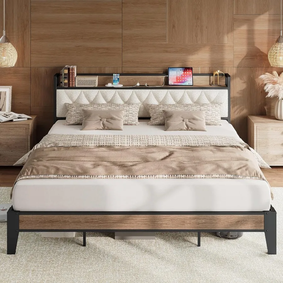 إطار سرير كينج كاليفورنيا مع لوح رأسي للتخزين المتكامل وإطار سرير بمنصة شحن مدمجة يتميز بمتين #1