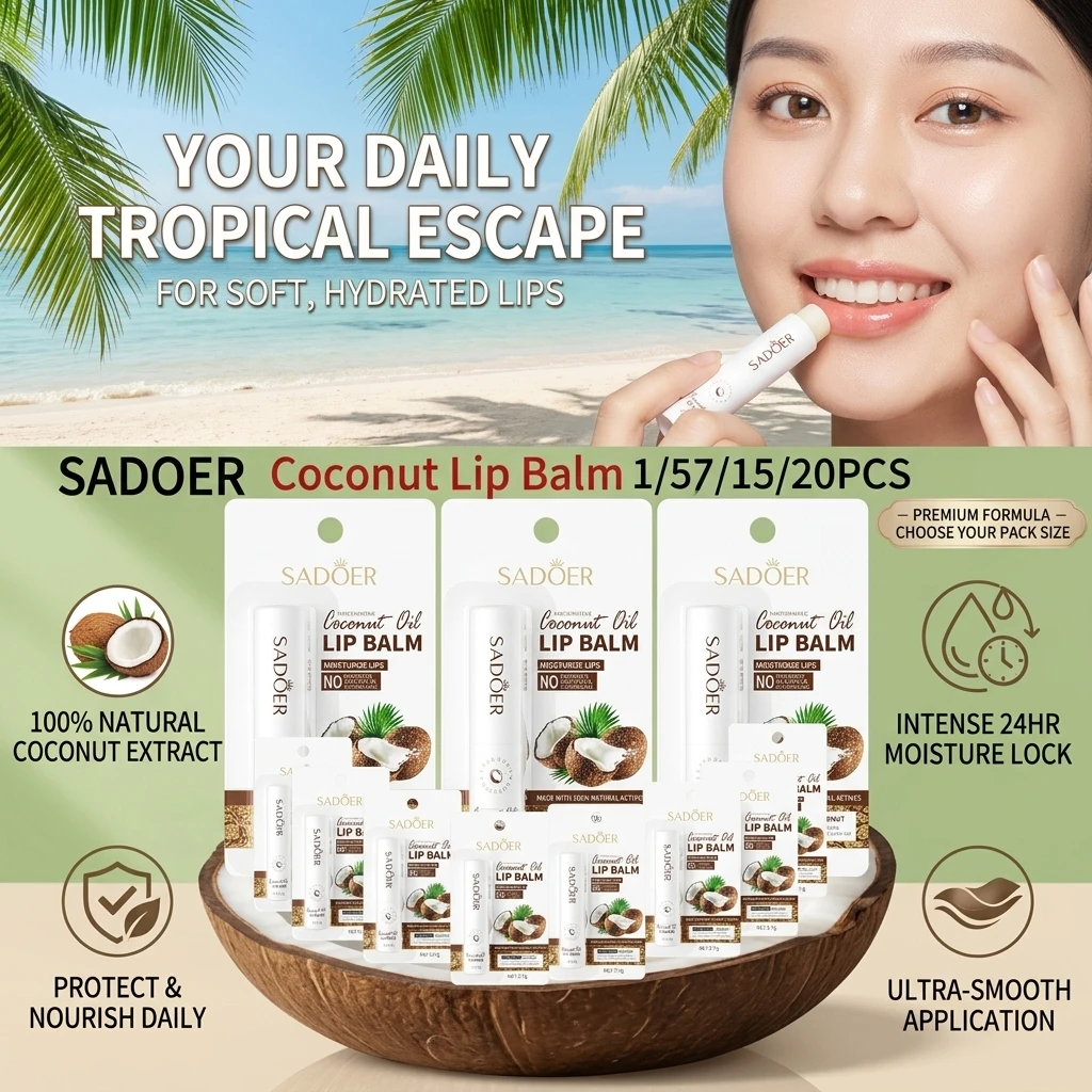  SADOER 1/5/10/15/20PCS Coconut Lip Balm Lasting Nourishment and Moisture for Men and Women Daily Care Lip Balm
