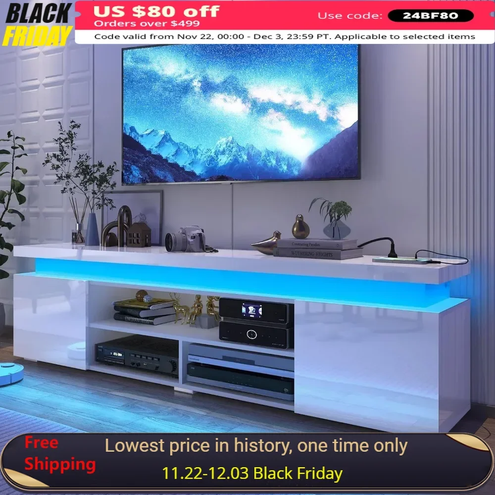 TV Stand for 85 Inch TVs, Entertainment Center with Power Outlet, Storage and LED Lights, Modern High Gloss Gaming TV Stand