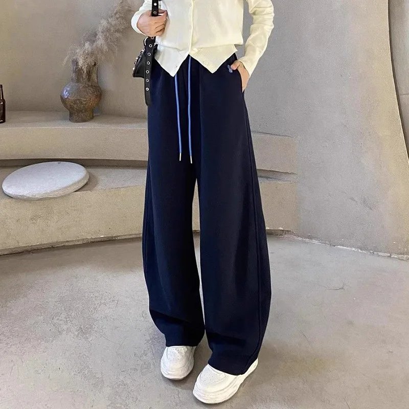 أنثى كلاسيكية مصمم فضفاض مستقيم الساق السراويل النساء عالية الخصر عارضة اليومية السراويل الفتيات أزياء الرباط السراويل
