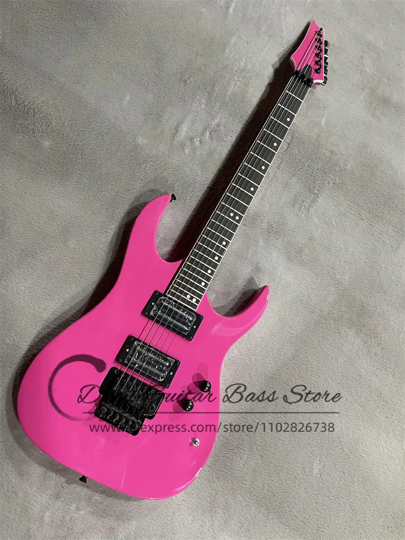 Factory Pink Electric Guitar Pink Neck Rosewood Fingerboard 24 Frets Tremolo Bridge HH Pickups Black Tuners Customization