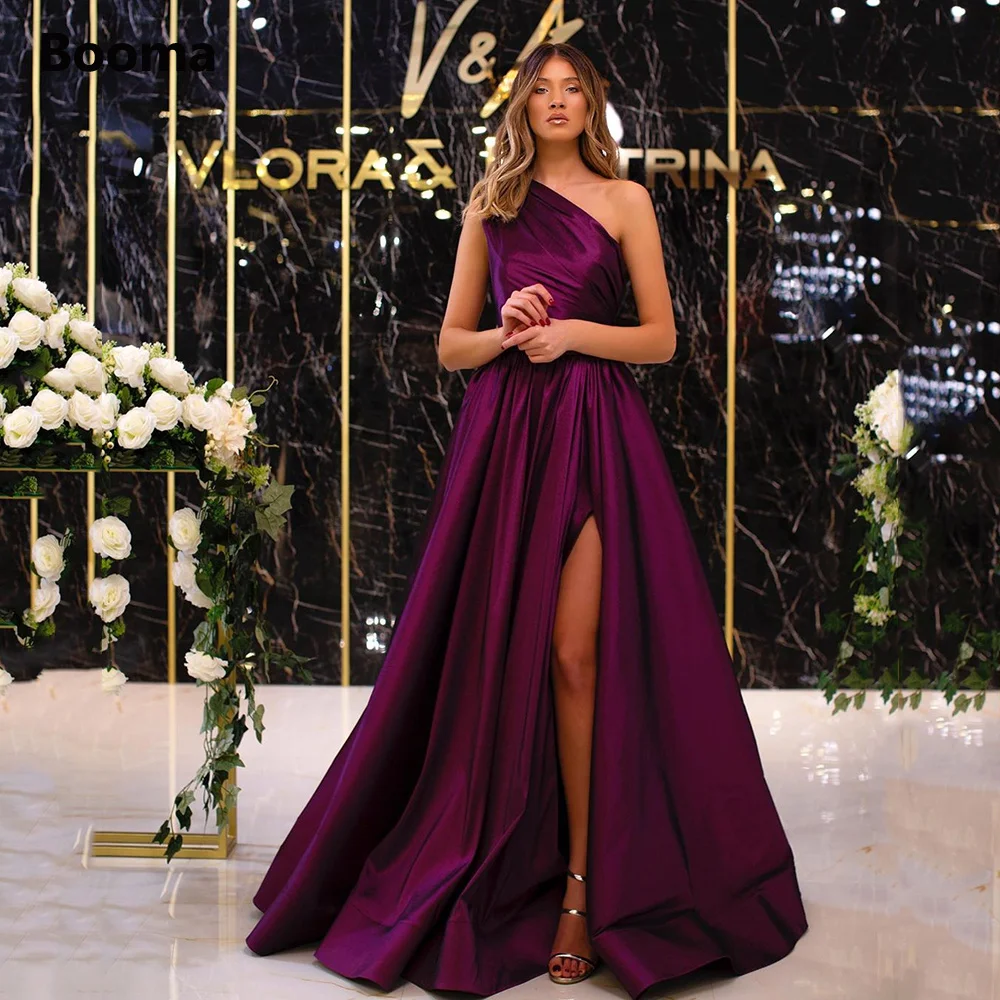 Booma roxo cetim vestidos de noite um ombro alta fenda lado longo vestidos de noite plissado a linha formal vestidos de baile