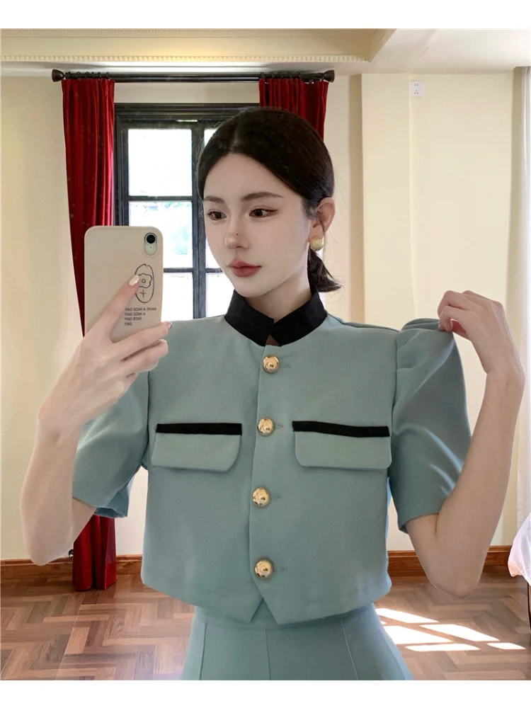 Two Piece Sets Womens Outifits Solid Puff Sleeve Blouses+solid Skirts Korean Fashion Ropa Mujer Summer Elegant Office Lad