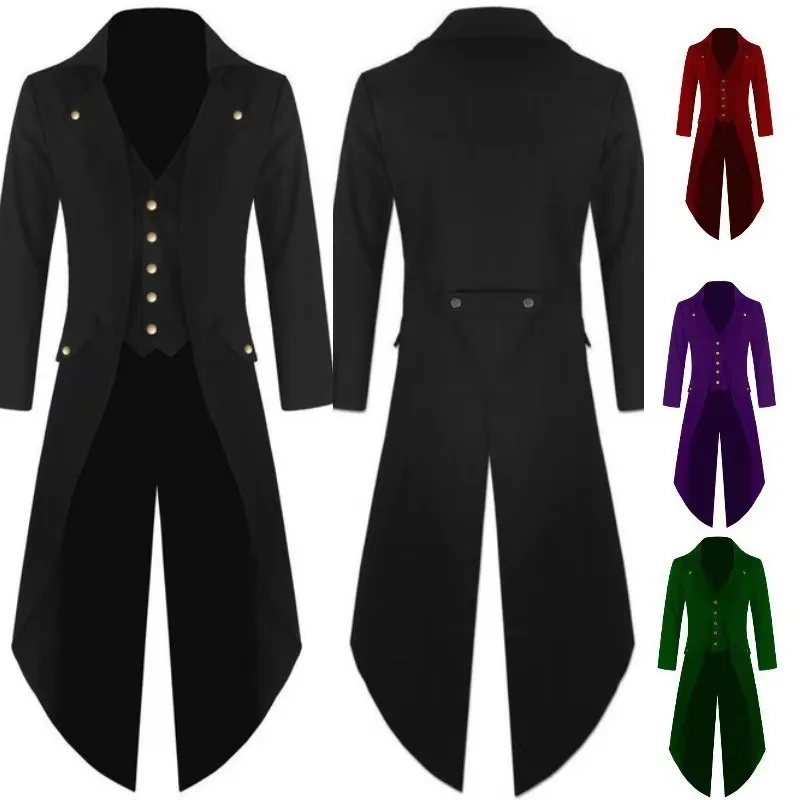 

2023 New loween Men's Medieval Tailcoat Medium Length Punk Sle Coat Retro Costume Mid-Century Long Coat for Men
