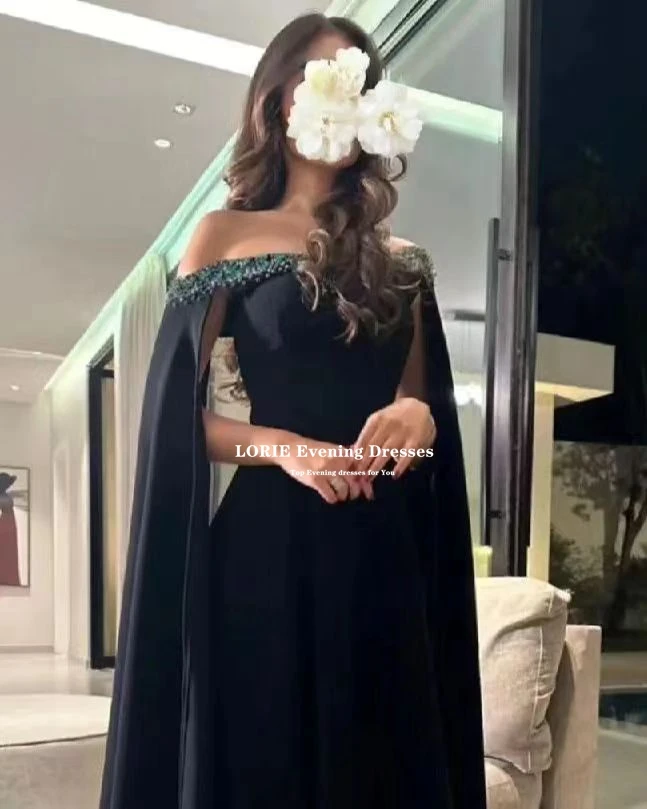 LORIE Elegant A-line Satin Prom Dresses Beaded Vestido Novia Longue Robe De Soiree Strapless With Cape Black Vestidos De gala