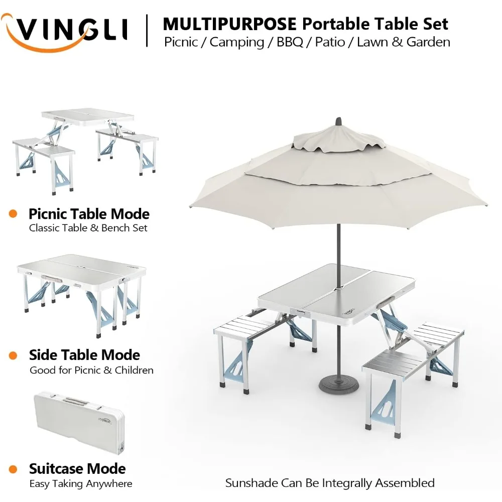 4Ft Folding Camping Picnic Table with Seats/Umbrella Hole-265 Lbs Support That Lightweight and Fold Up Card Suitcase Table Alum