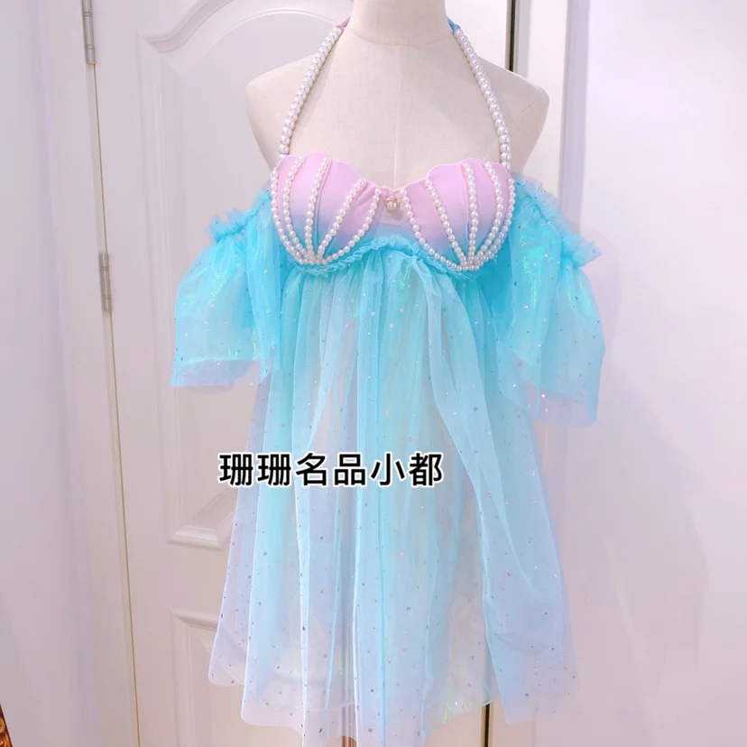 NEW Beach Fairy Swimsuit Mermaid Bikini swimwear gradient shell Bra Pearl Chains Summer Lolita Sweet Cloth Swimsuit Beach Dress