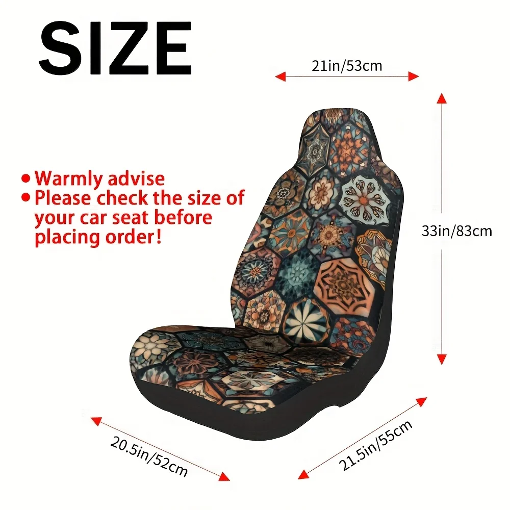 2pcs Mandala Bohemian Geometric Vintage Car Seat Covers - Soft Polyester, Machine Washable, Universal Fit For Driver & Passenger