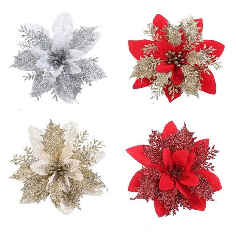 5/10/20PCS Christmas Flower Glitter Ornaments Christmas Tree Flower Home New Year Gift Merry Christmas Party Decor For Home 2024