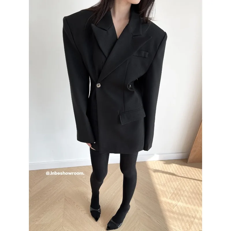 Women's Spring Autumn Blsack Blazers Jacket Blouse Suit Waisted Mid-length Button Trend Premium Design Leisure Simple Brand New