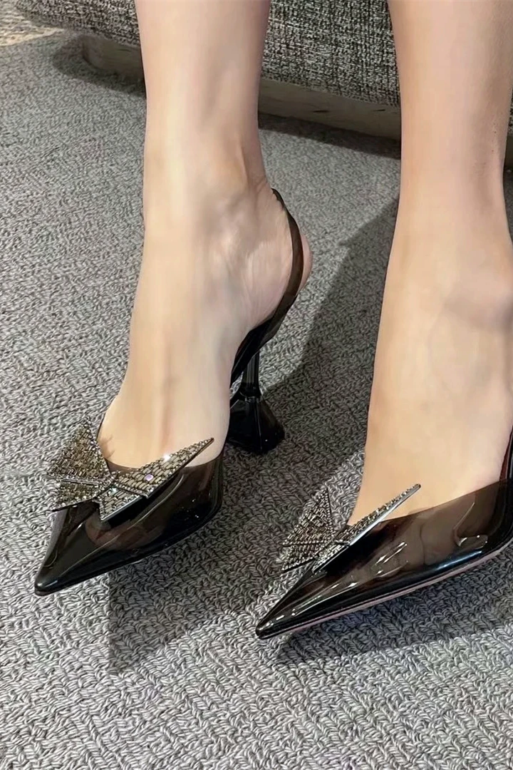 

Summer New Bow-Knot Rhinestone Shallow Pointed Toe High Heels Stiletto Leather Sequins Sexy Transparent Slippers Women's Sandals